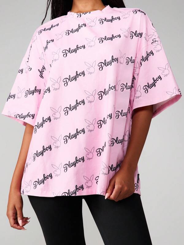 Missguided X Playboy Oversized Graphic Tee With All Over Print