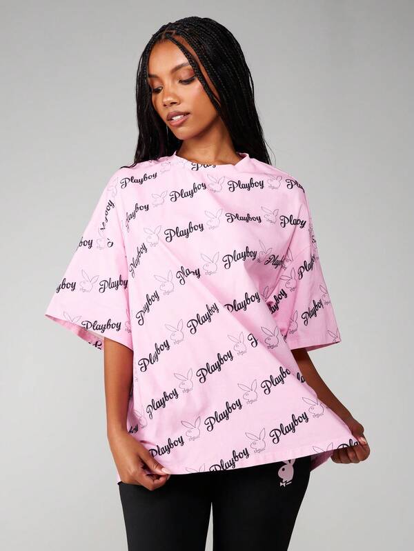 Missguided x Playboy Oversized Graphic Tee With All Over Print