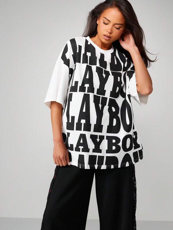 Missguided X Playboy Oversized Graphic Tee With Bold Typography