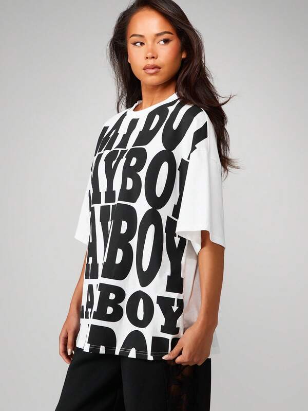 Missguided X Playboy Oversized Graphic Tee With Bold Typography