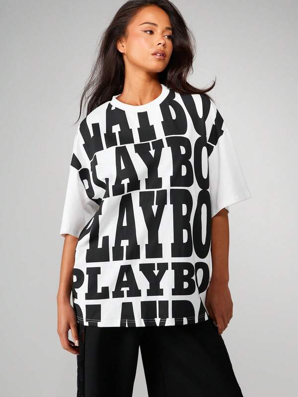Missguided x Playboy Oversized Graphic Tee With Bold Typography