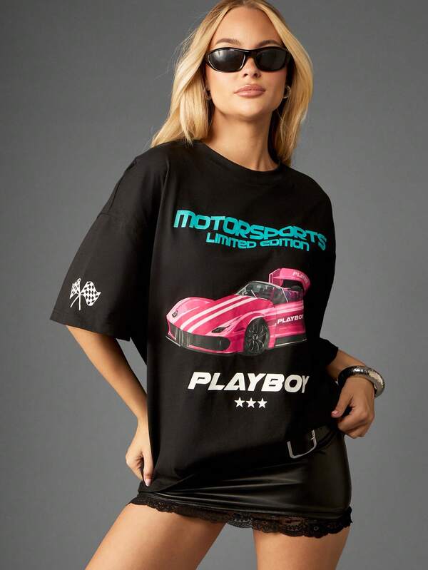 Missguided x Playboy Oversized Graphic Tee With Car Print