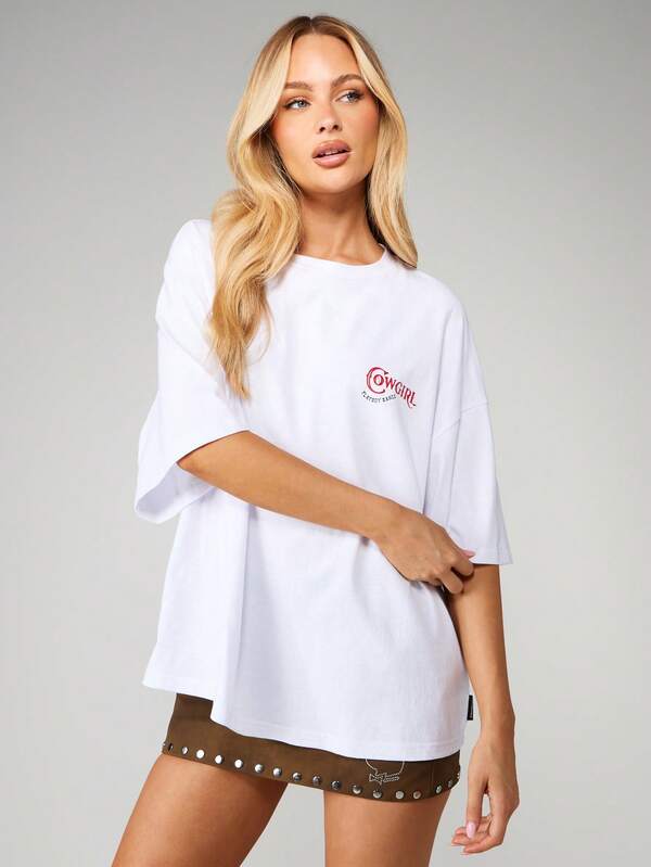 Missguided X Playboy Oversized Graphic Tee With Cowgirl Print