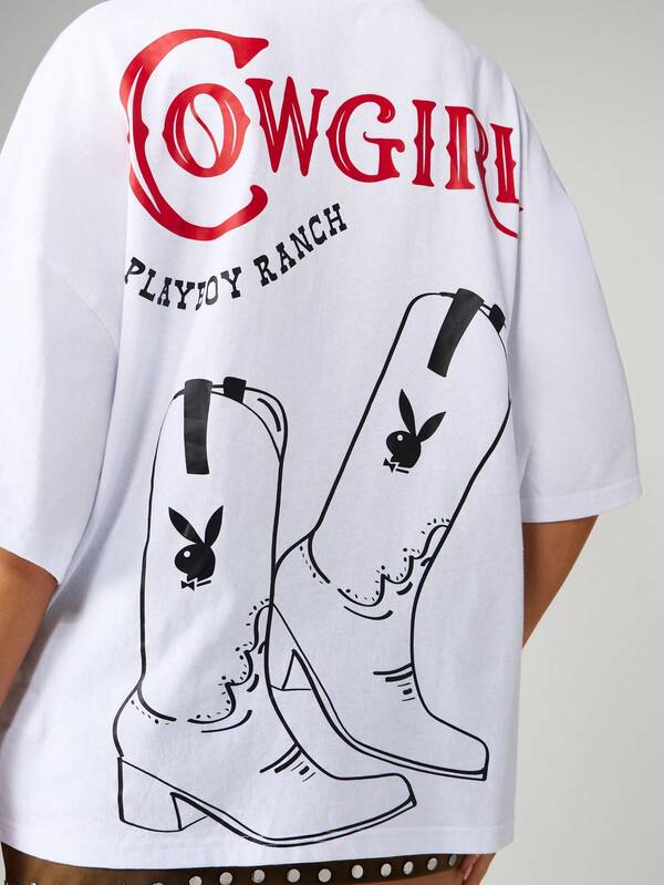Missguided X Playboy Oversized Graphic Tee With Cowgirl Print