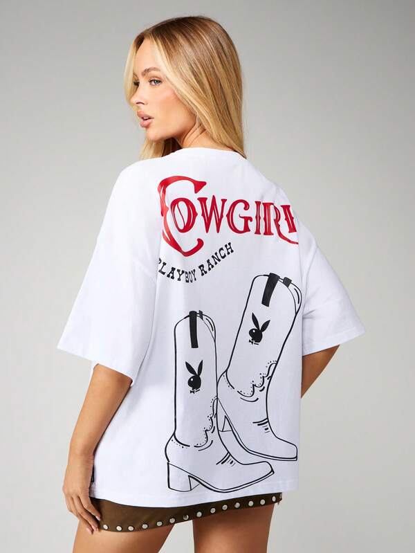 Missguided x Playboy Oversized Graphic Tee With Cowgirl Print