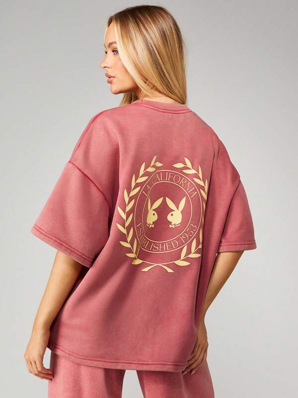 Missguided X Playboy Oversized Graphic Tee With Logo Print