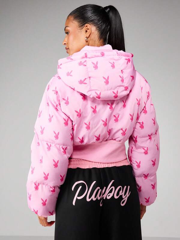 Missguided X Playboy Oversized Hooded Puffer Coat With Bunny Print