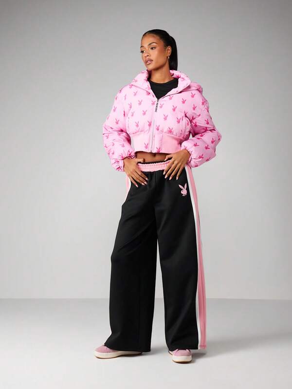 Missguided X Playboy Oversized Hooded Puffer Coat With Bunny Print
