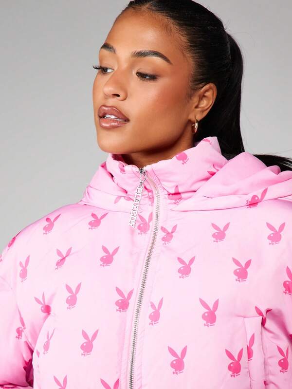 Missguided X Playboy Oversized Hooded Puffer Coat With Bunny Print