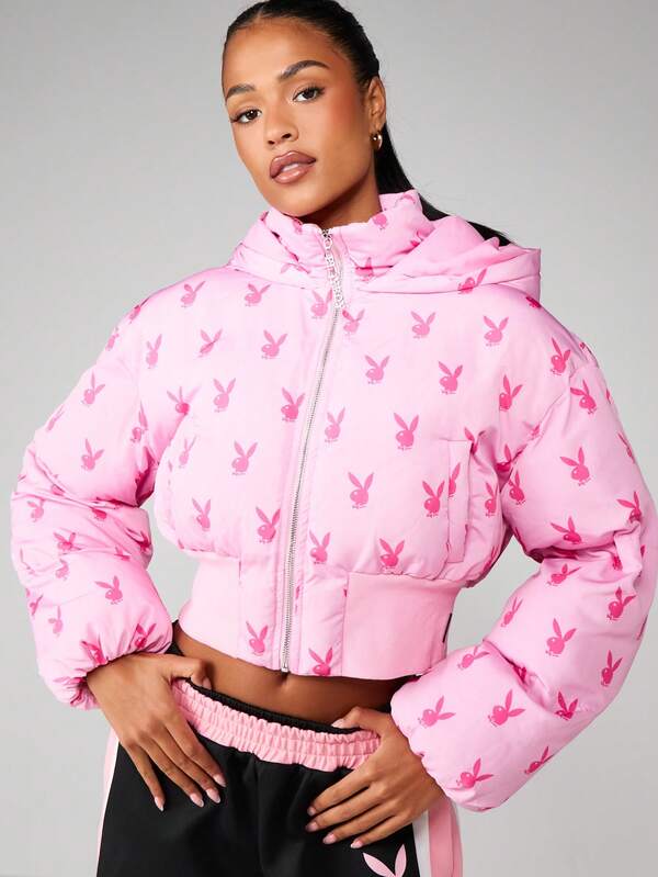 Missguided x Playboy Oversized Hooded Puffer Coat With Bunny Print