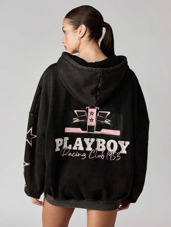 Missguided X Playboy Oversized Hooded Sweatshirt With Racing Club Design And Star Details