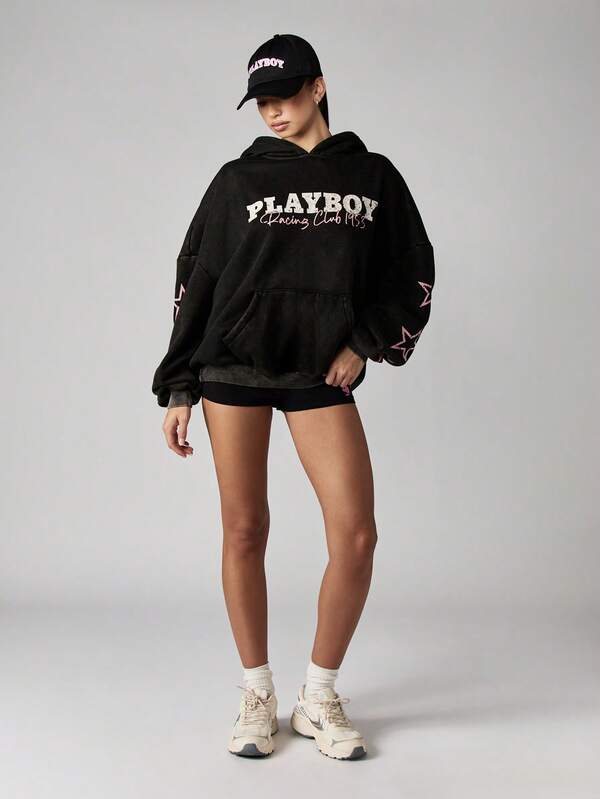 Missguided X Playboy Oversized Hooded Sweatshirt With Racing Club Design And Star Details