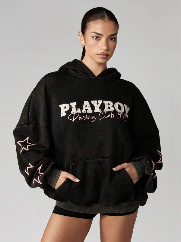 Missguided X Playboy Oversized Hooded Sweatshirt With Racing Club Design And Star Details