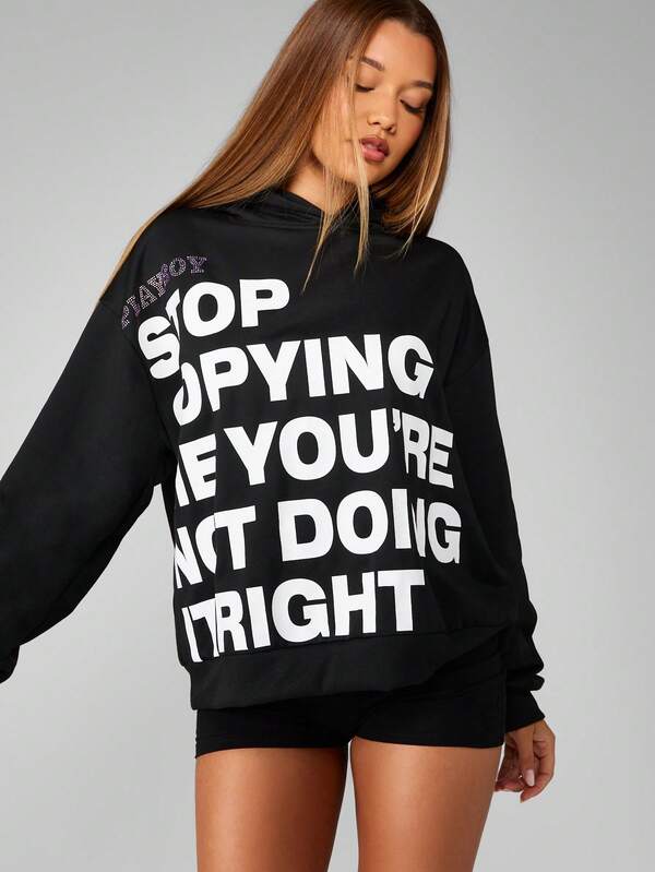 Missguided X Playboy Oversized Hooded Sweatshirt With Bold Typography Print