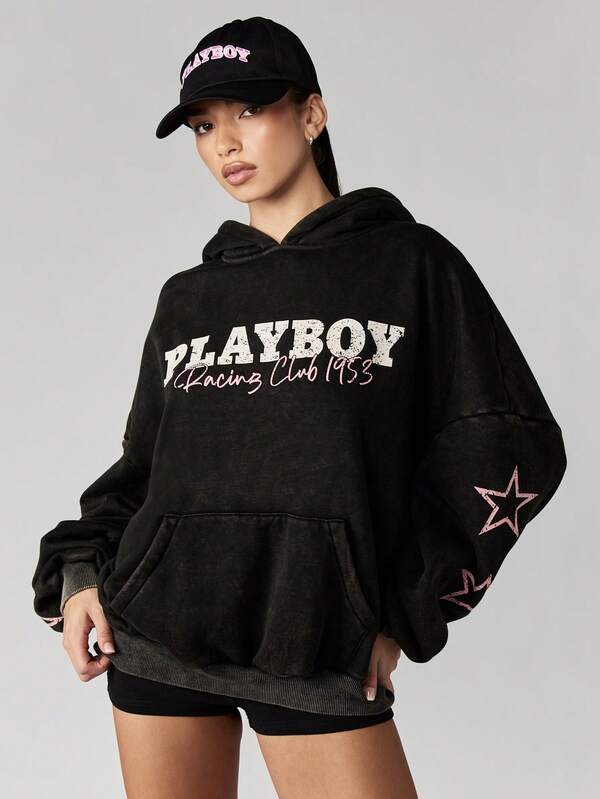 Missguided x Playboy Oversized Hooded Sweatshirt With Racing Club Design And Star Details