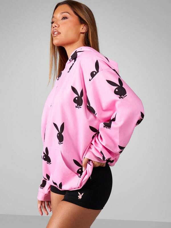 Missguided X Playboy Oversized Hoodie With Drawstring And Centre Pocket
