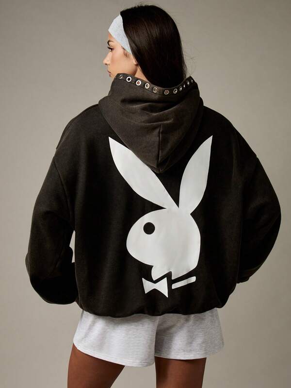 Missguided X Playboy Oversized Hoodie With Metal Eyelets And Bunny Logo