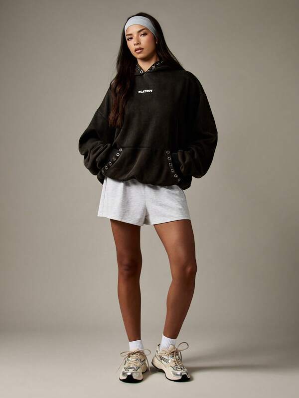 Missguided X Playboy Oversized Hoodie With Metal Eyelets And Bunny Logo