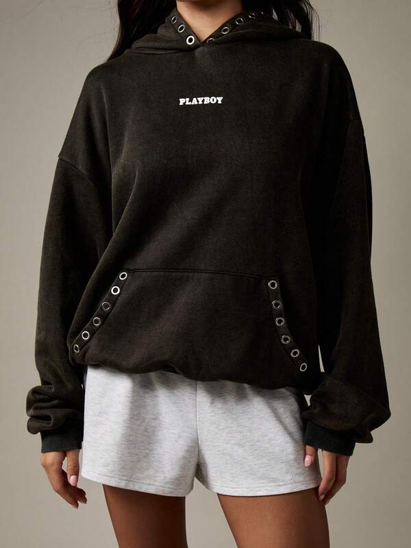 Missguided X Playboy Oversized Hoodie With Metal Eyelets And Bunny Logo