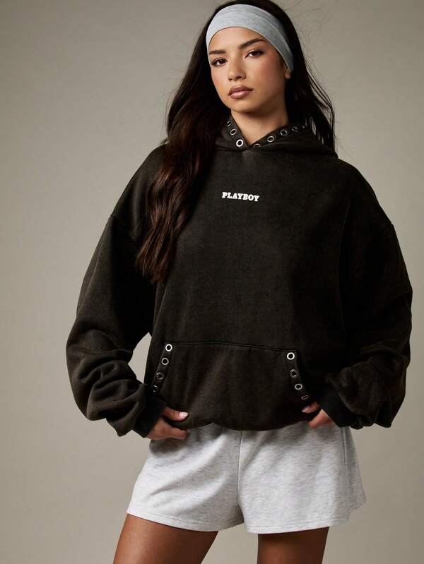 Missguided x Playboy Oversized Hoodie With Metal Eyelets And Bunny Logo