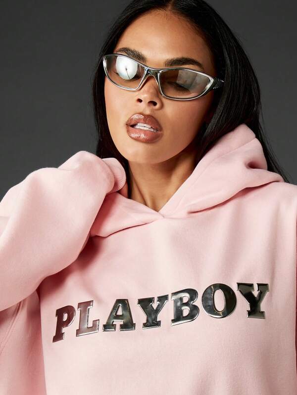 Missguided X Playboy Oversized Hoodie With Metallic Graphic Print