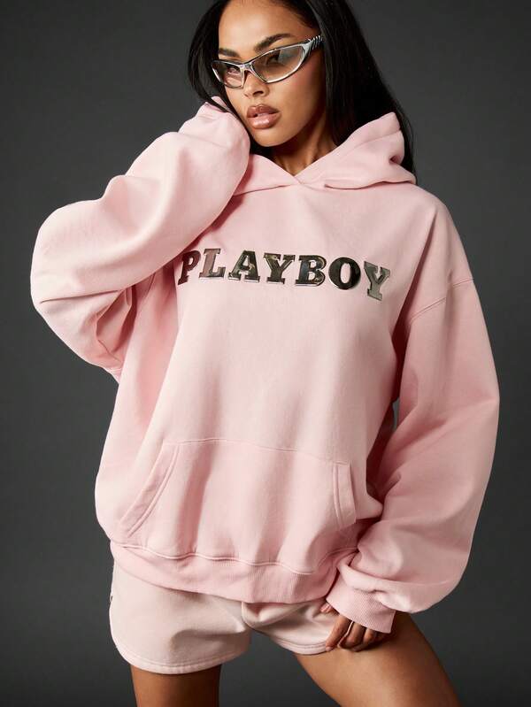 Missguided x Playboy Oversized Hoodie With Metallic Graphic Print