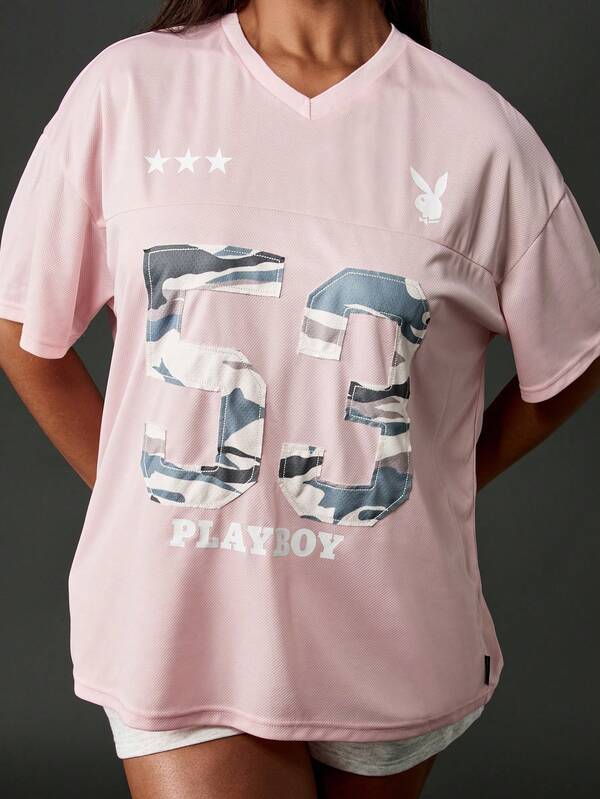 Missguided X Playboy Oversized Jersey T-Shirt With Camo Number Print