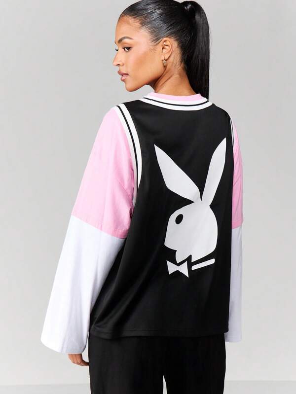 Missguided X Playboy Oversized Jersey Tee With Color Block Sleeves
