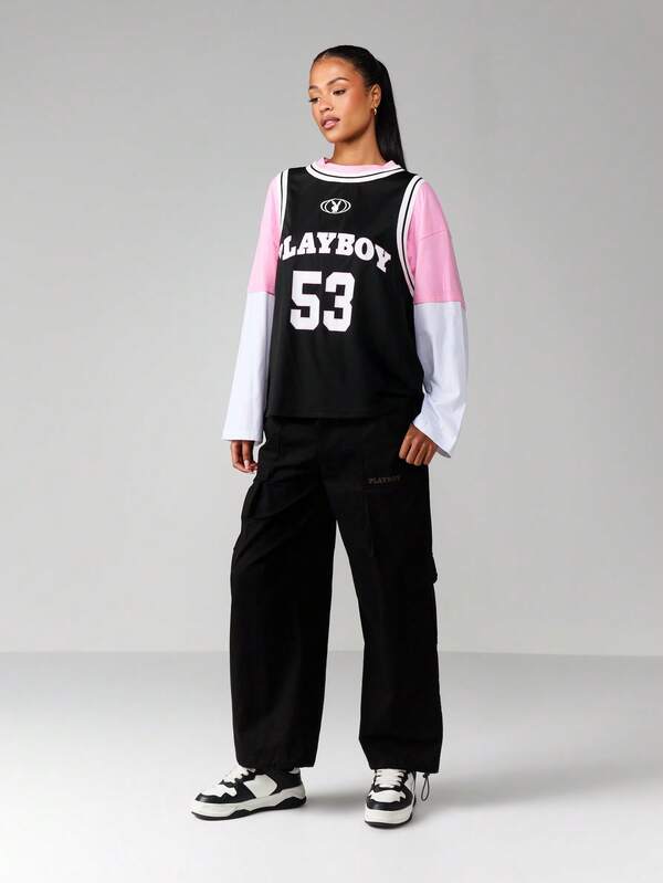 Missguided X Playboy Oversized Jersey Tee With Color Block Sleeves