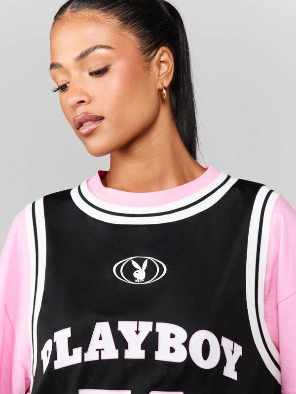Missguided X Playboy Oversized Jersey Tee With Color Block Sleeves
