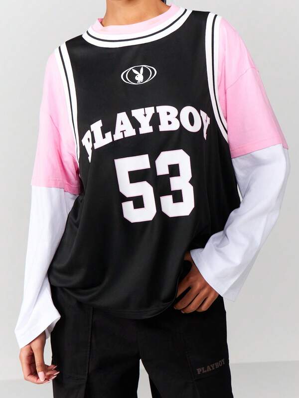 Missguided x Playboy Oversized Jersey Tee With Color Block Sleeves