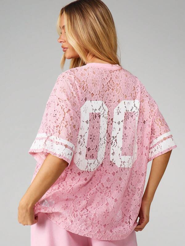 Missguided X Playboy Oversized Lace Jersey Top With Short Sleeves