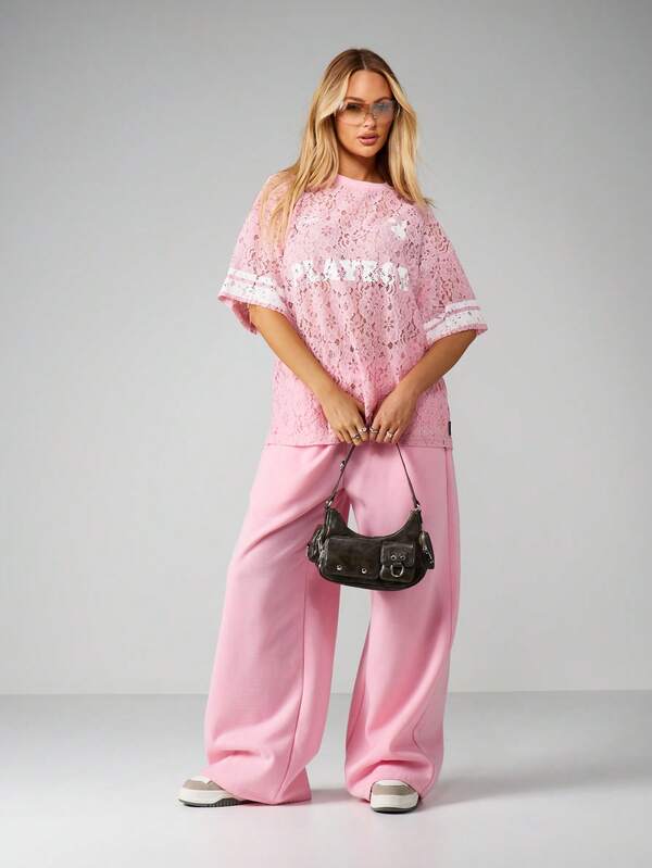 Missguided X Playboy Oversized Lace Jersey Top With Short Sleeves