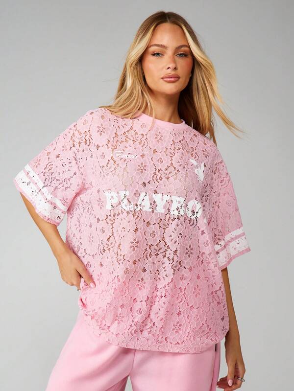 Missguided X Playboy Oversized Lace Jersey Top With Short Sleeves