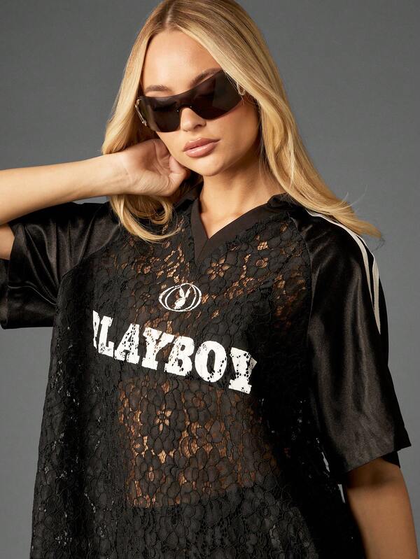Missguided X Playboy Oversized Lace T-Shirt With Logo Print