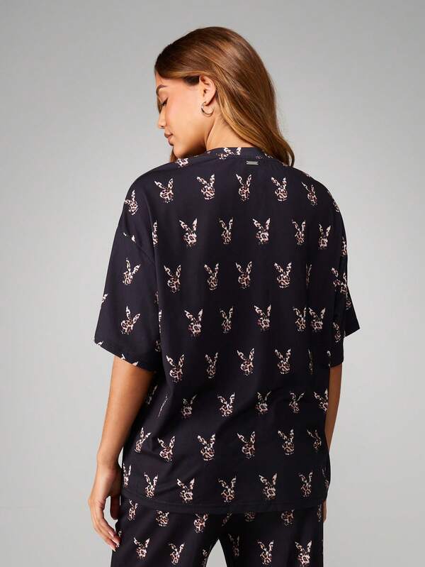 Missguided X Playboy Oversized Leopard Print Crew Neck Tee