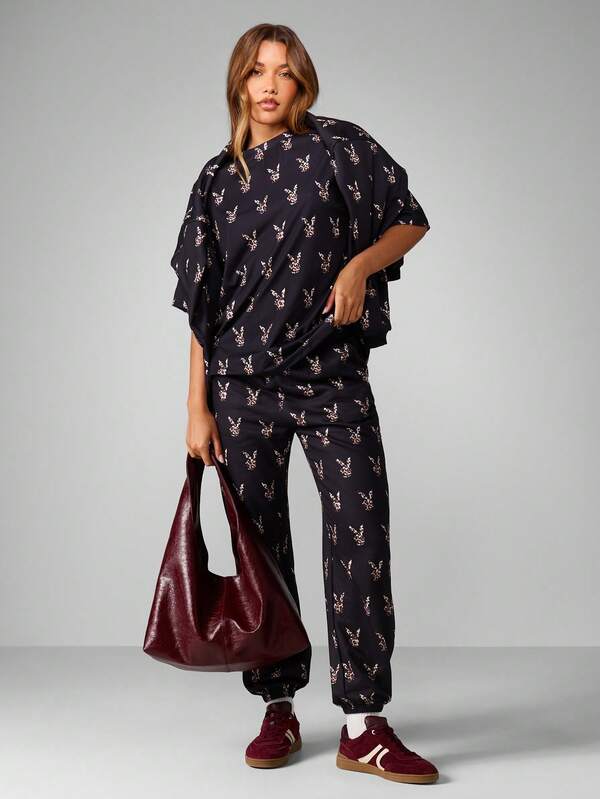 Missguided X Playboy Oversized Leopard Print Crew Neck Tee