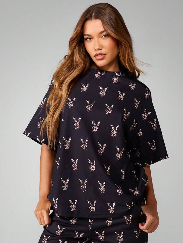 Missguided x Playboy Oversized Leopard Print Crew Neck Tee