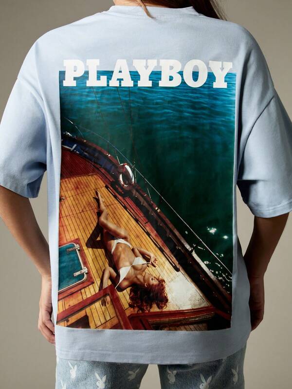 Missguided x Playboy Oversized Light Blue T-Shirt With Back Print