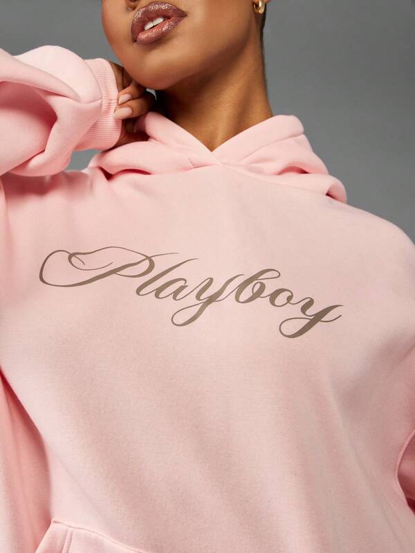Missguided X Playboy Oversized Logo Print Hoodie With Centre Pocket