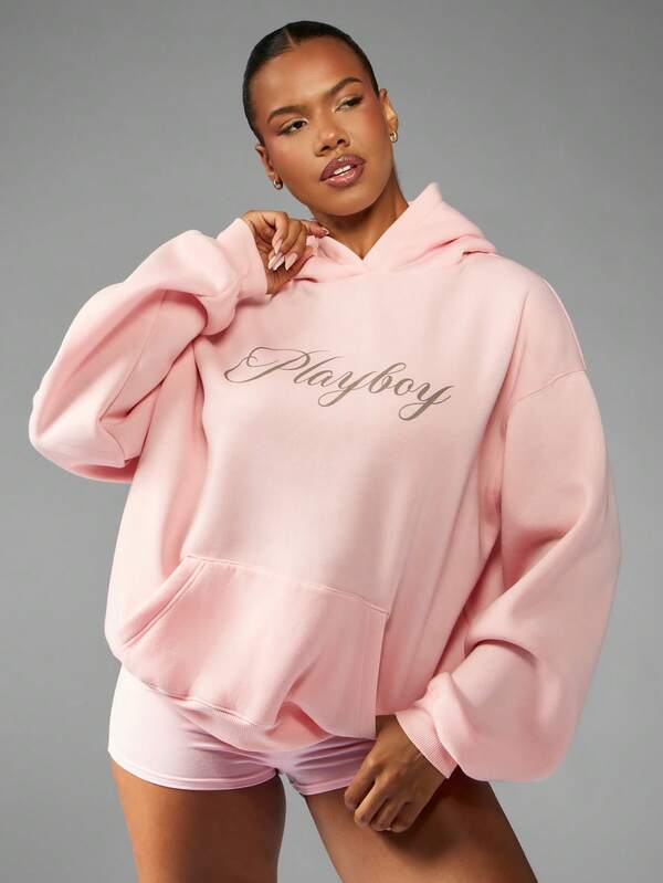 Missguided x Playboy Oversized Logo Print Hoodie With Centre Pocket