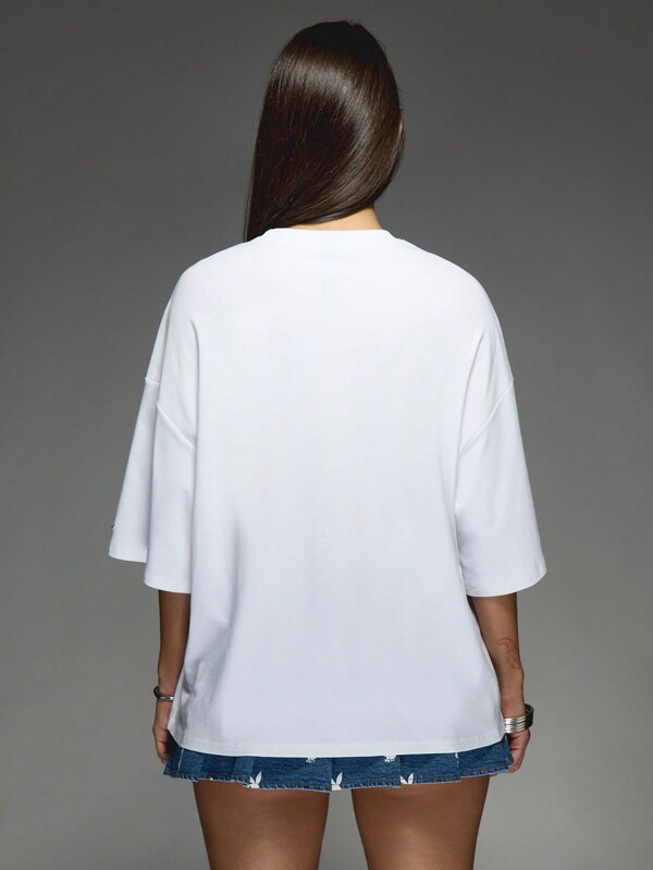 Missguided X Playboy Oversized Logo T-Shirt With Elbow Length Sleeves