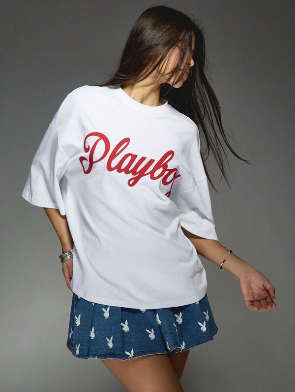 Missguided X Playboy Oversized Logo T-Shirt With Elbow Length Sleeves