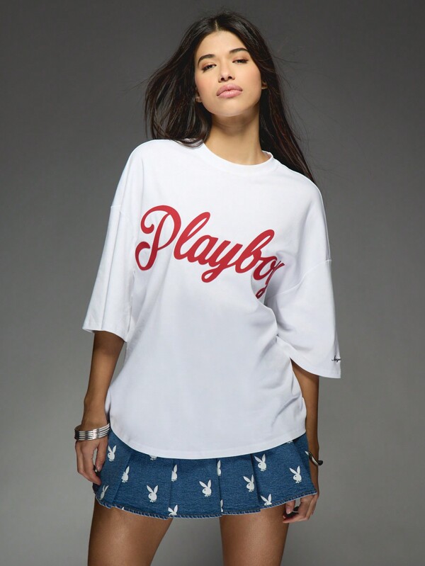 Missguided x Playboy Oversized Logo T-Shirt With Elbow Length Sleeves