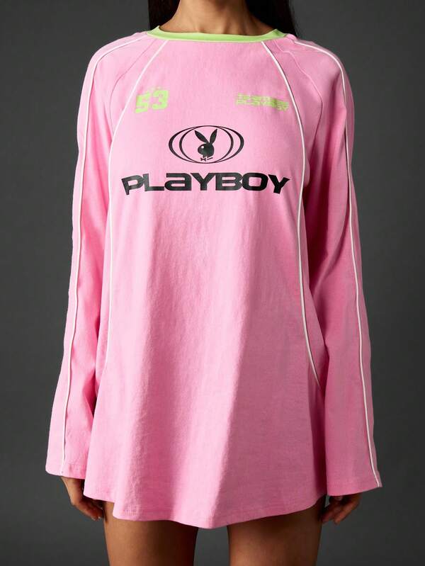 Missguided X Playboy Oversized Long Sleeve Mini T-Shirt Dress With Piping