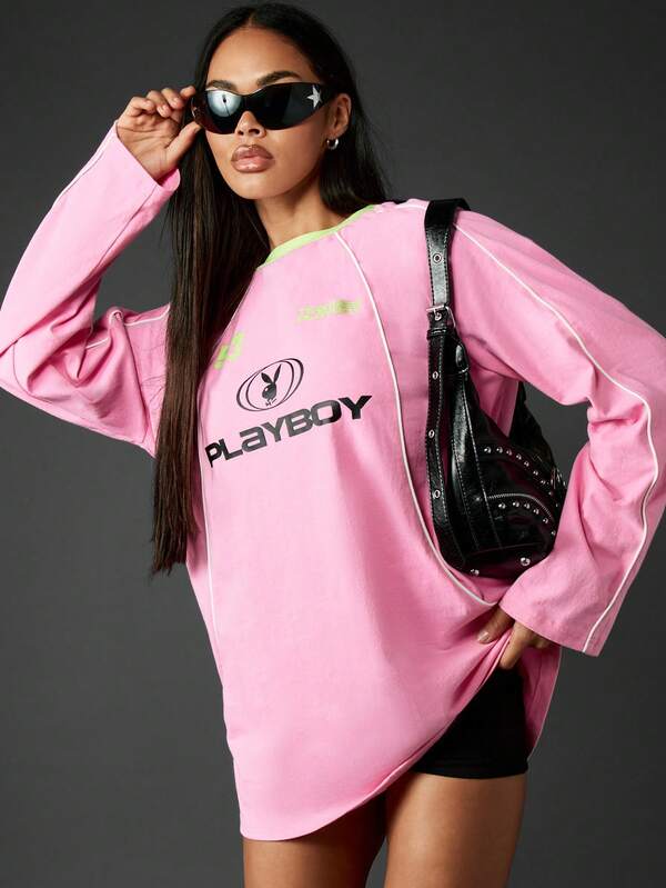 Missguided x Playboy Oversized Long Sleeve Mini T-Shirt Dress With Piping