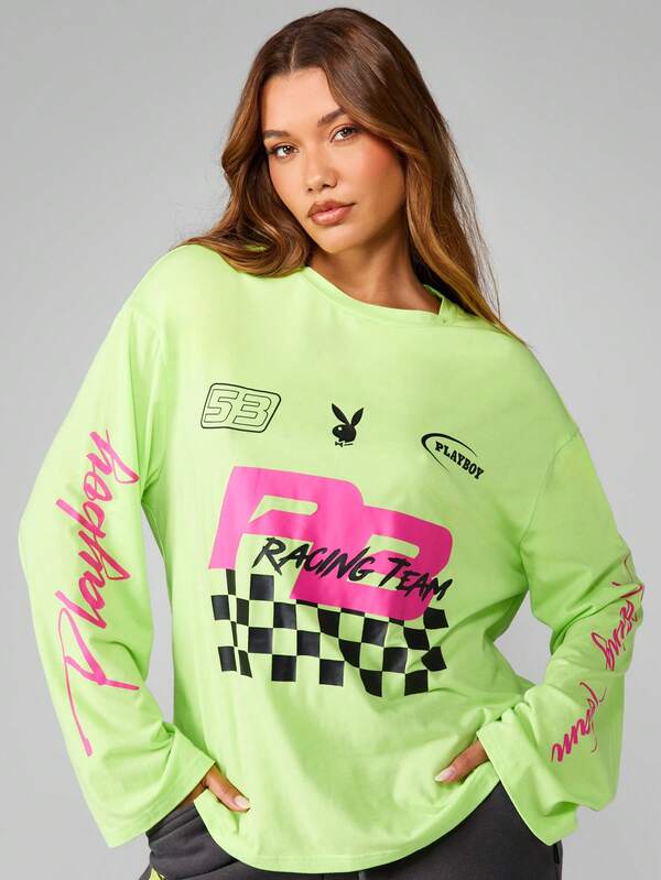 Missguided X Playboy Oversized Long Sleeve Racing Graphic Tee