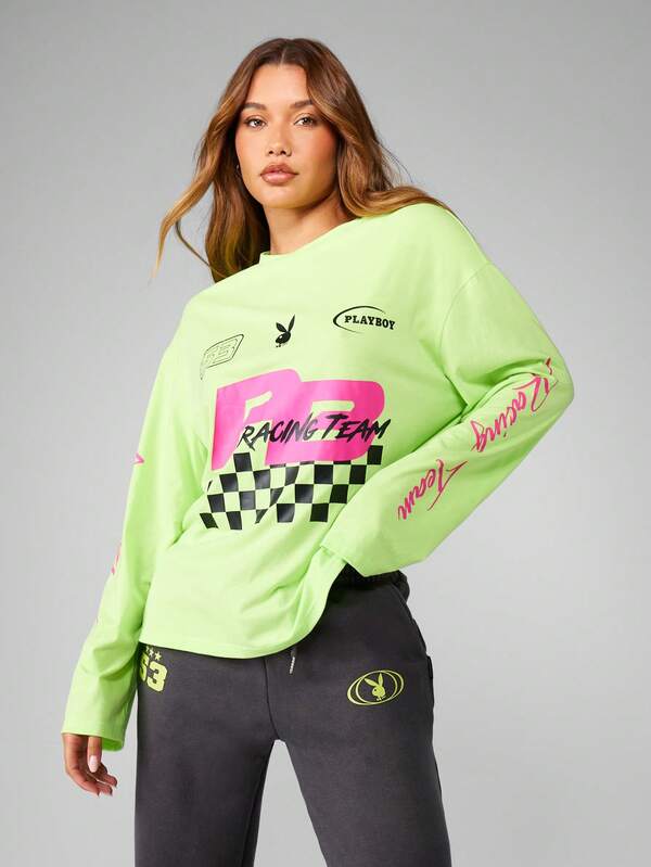 Missguided x Playboy Oversized Long Sleeve Racing Graphic Tee