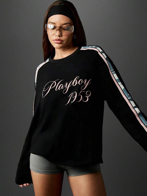 Missguided x Playboy Oversized Long Sleeve Sweatshirt With Contrast Stripe Detail