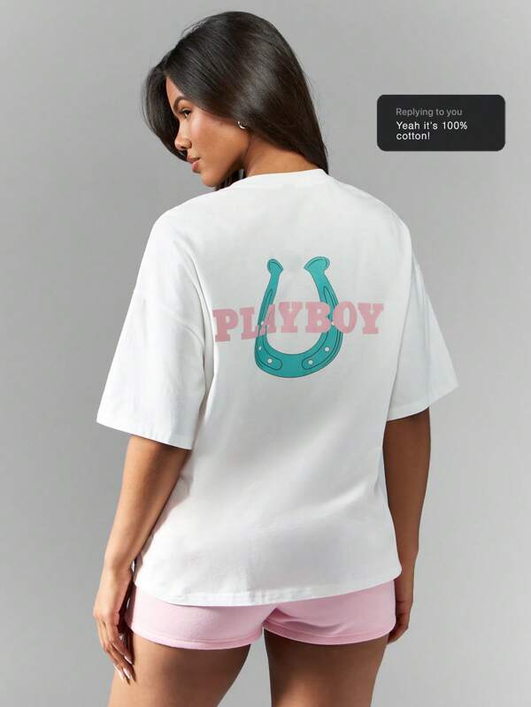 Missguided x Playboy Oversized Lucky Horse Shoe Logo Short Sleeve T-Shirt